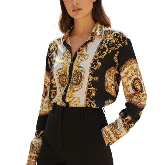 Versace Tops - Versace Black and Gold Baroque Blouse